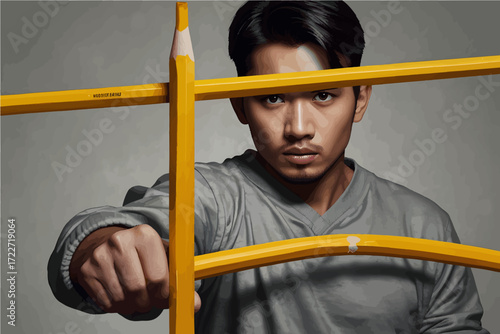 Creative pencil art portrait of a man with broken yellow pencils in conceptual style