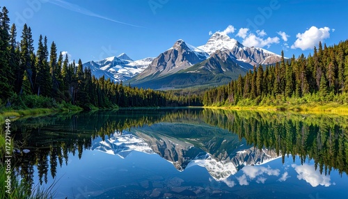 A tranquil lake mirroring snow-capped mountains and vibrant evergreen forests under a clear blue sky, creating a serene, natural scene