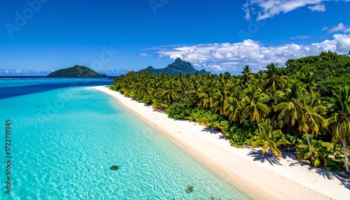 Aerial view of a tropical island with turquoise water, white sand beach, and lush palm trees under a bright blue sky with puffy white clouds