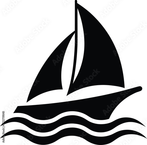 Icon of a sailboat floating on water waves  vector illustration on transparent background.
