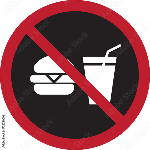 No food or drink allowed sign. No eating or drinking sign. Food Not Allowed. A red and black prohibition sign indicating no food or drink allowed in the area. Modern flat vector sticker label with ico