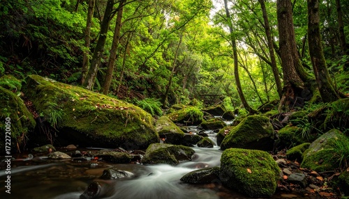 A lush forest scene with a softly blurred stream flowing over moss-covered rocks, surrounded by green trees and foliage