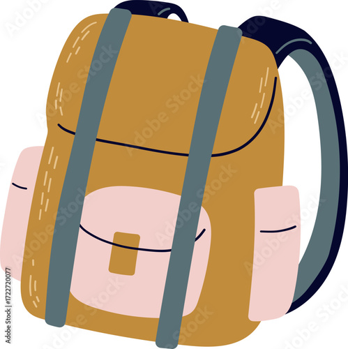 A handdrawn style backpack in brown pink and navy