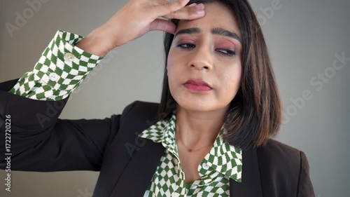 Closeup of upset unhappy young businesswoman boss manager feels headache pain depression sickness, suffering overwork stress mental health, isolated over grey background.