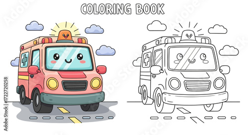 Cute ambulance vehicle illustration for a children's coloring book page