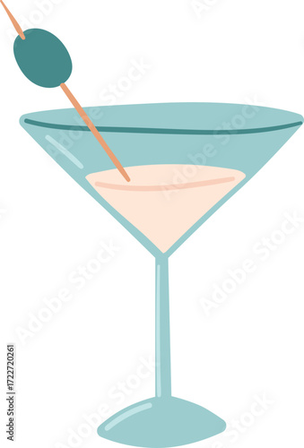 A martini glass with a pale pink drink and an olive