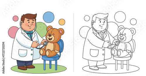 Pediatrician Examines Teddy Bear in Playful Illustration,coloring page.