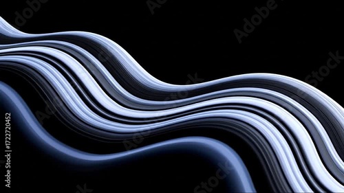 Flowing silver and blue, abstract, striated lines on a black background create an elegant form