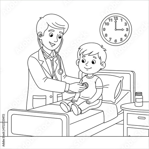 Doctor Examining a Child in a Hospital Bed,coloring page.