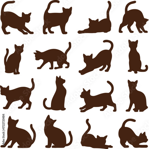 Collection of various cat silhouettes in playful poses and common feline movements.