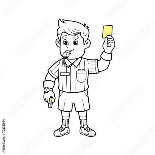 Cartoon Soccer Referee Showing Yellow Card and Blowing Whistle Illustration,coloring page.