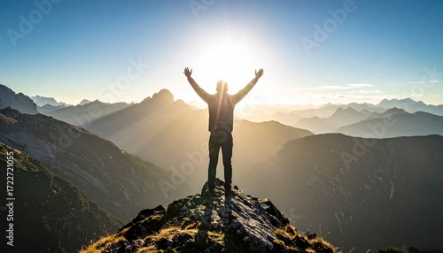A silhouette of a man on a mountain peak, arms raised in triumph, sunrise view