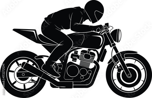Motorcycle rider silhouette, sport bike illustration, black and white motorbike art, helmet safety design, cafe racer style, dynamic posture drawing
