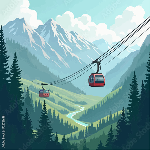 Scenic Vector Illustration Red Gondola Lifts Traverse a Verdant Alpine Valley, Winding River, and Towering Snow-Capped Mountains, Evoking Serene Travel and Natural Grandeur