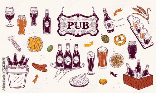 Beer and pub snacks sketch icon set. Vector hand-drawn line art featuring bottles, glasses, chips, pistachios, and sausages. Perfect for tavern menus, craft beer branding, and packaging