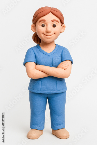 Clay Sculpture of Female Medical Worker on White Background