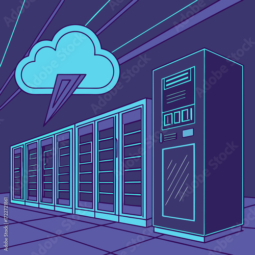 Conceptual illustration of a cloud computing server room with a lightning bolt striking a cloud overhead