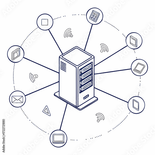 Centralized server connected to various devices and services through a wireless network diagram