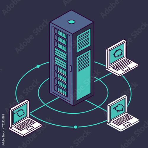 Centralized server rack connected to multiple laptops in a network diagram illustration