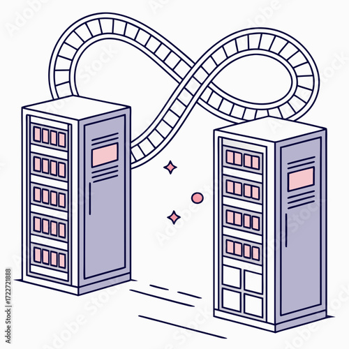 Data servers connected by an infinity loop roller coaster track representing continuous data flow