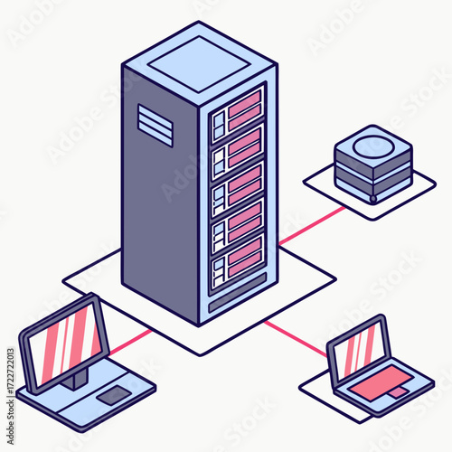 Isometric illustration of a server rack connected to laptops and a database for network infrastructure