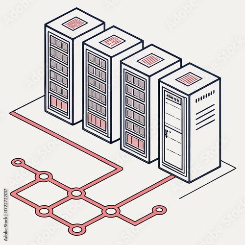 Isometric illustration of a server rack cluster connected to a network diagram with red lines and circles