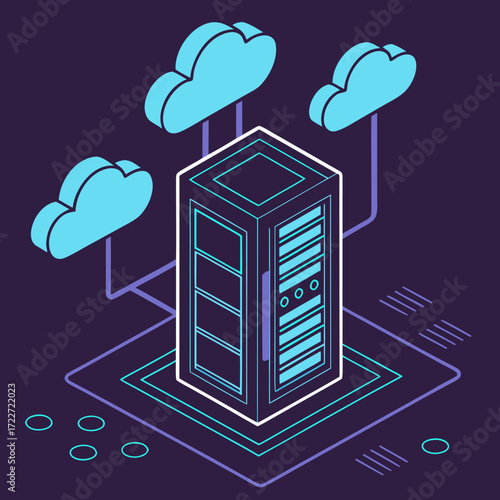 Isometric illustration of a server rack connected to cloud symbols representing cloud computing services
