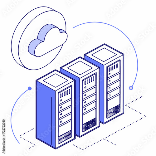 Isometric illustration of cloud computing concept with servers and a cloud icon connected by lines