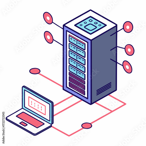 Isometric illustration of a server rack connected to a laptop and network nodes symbolizing data flow