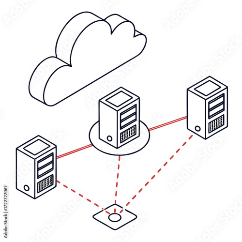 Isometric illustration of cloud computing infrastructure with connected servers and a central hub