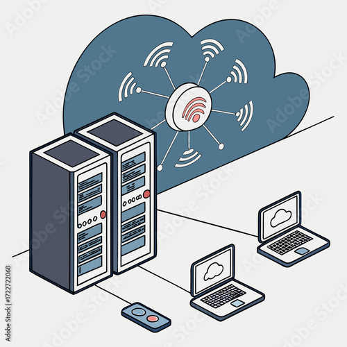 Isometric illustration of cloud computing network with servers laptops and wireless connection