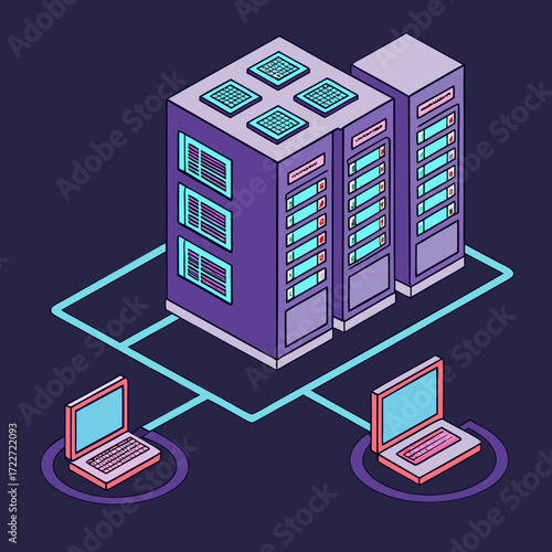 Isometric illustration of network servers connected to laptops on a dark background