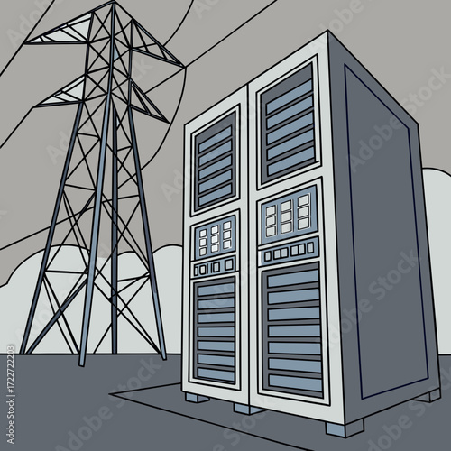 Modern data center servers stand beside a tall electrical power transmission tower