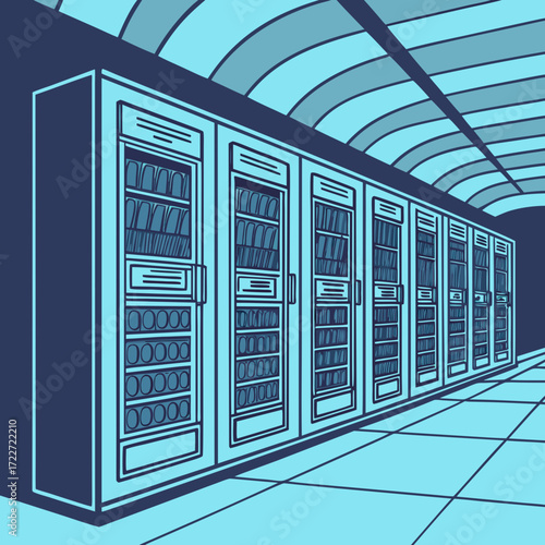Modern data center with rows of server racks and futuristic arched ceiling in cool blue tones