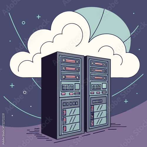 Modern illustration of two server racks connected to a stylized cloud in a digital abstract network environment