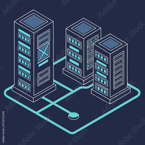 Modern isometric illustration of three interconnected server racks in a data center environment