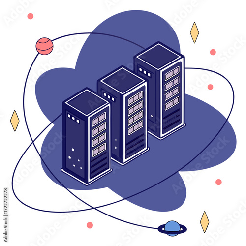 Modern isometric illustration of three server racks in a digital cosmic network