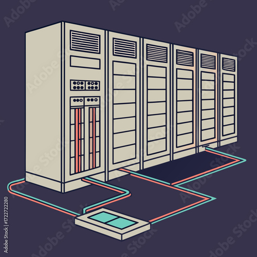 Modern server rack array with colorful cables connecting to a central unit in a data center