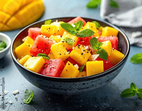 Refreshing Watermelon Mango Salad with Mint and Sesame Seeds