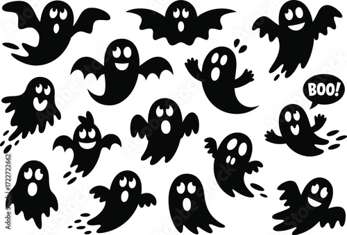 Playful black ghosts with expressive faces and a 'BOO!' speech bubble, perfect for Halloween fun.