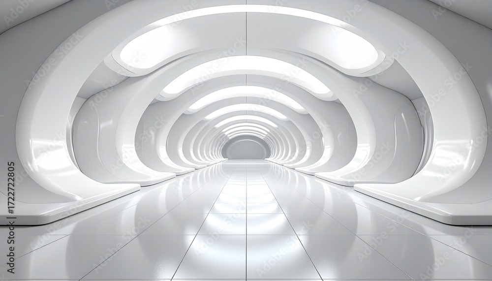 Naklejka premium Futuristic white corridor with glowing arches, sleek design, and reflective floor.