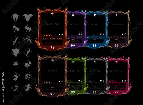 Fantasy Elemental Card Frame Pack with RPG Class Icons – Inferno, Arcane, Frost, Radiance, Terra, Verdant, Aether, Blossom Borders for TCG, CCG, and RPG Game UI Design