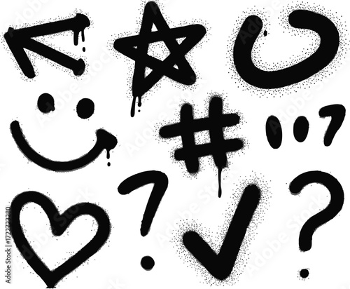 Black spray paint graffiti symbols and icons on a white background