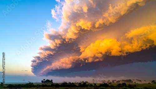 Dramatic cloudscape at sunrise over a misty landscape