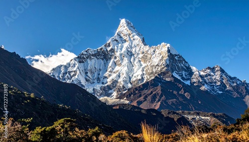 Snow-capped mountain peak, dramatic landscape