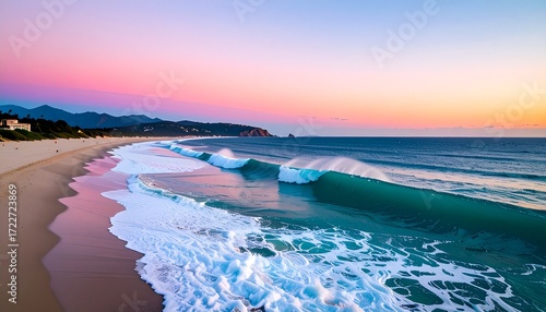 Pastel sunset over a beach with waves
