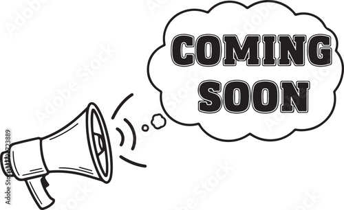 Illustration of megaphone announcing coming soon isolated on white background