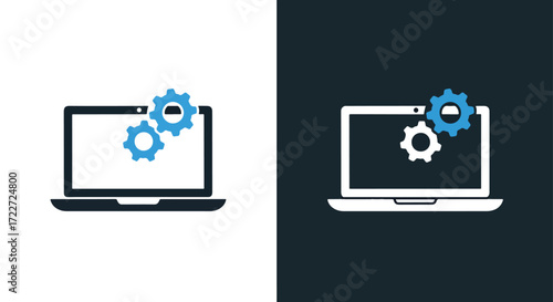 Digital technology laptop with gears settings icon for it solutions and software development