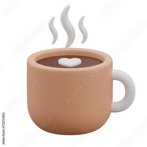 Cute Coffee Cup 3D Icon Render – Stylized Steam Design on White Background