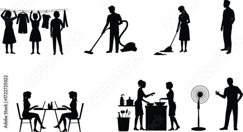 Household chores silhouettes, people cleaning illustration, laundry drying scene, vacuuming floor drawing, cooking kitchen activity, working on laptops, domestic life vector artwork